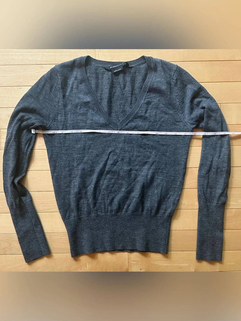 BCBGMaxAzria • 100% merino wool • v-neck sweater • charcoal gray • small